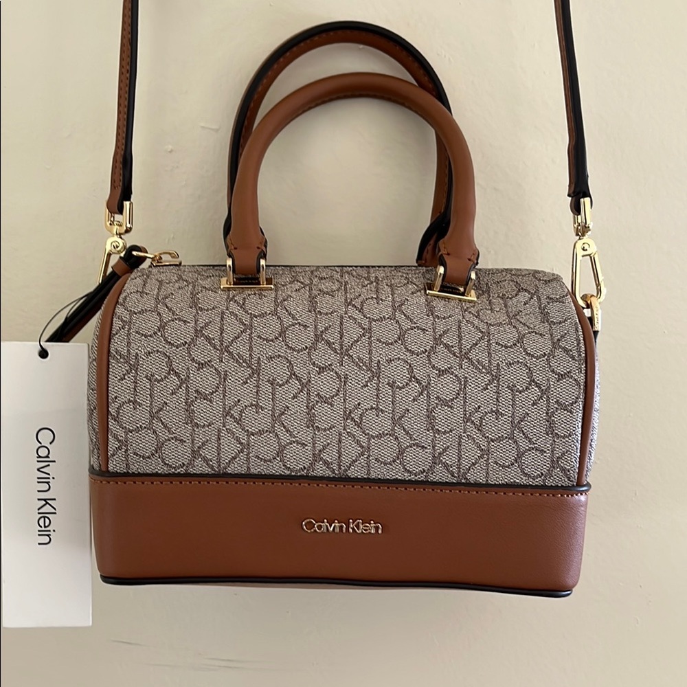 Calvin Klein Brown and Tan Satchel Bag with Monogram